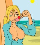 1girl beach big_breasts blonde_hair blue_eyes breasts breasts_out_of_clothes bridgette_(tdi) cartoon_network day exposed_breasts female female_only green_eyes hourglass_figure joey_vegas_(artist) light-skinned_female lollipop long_blonde_hair long_hair naughty_face nipples sky solo sun thick_ass thick_legs thick_thighs tongue tongue_out topless topless_female total_drama_island water