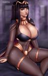 1girl arm_support black_hair bodystocking breasts cape circlet cleavage covered_navel fire_emblem fire_emblem_awakening flowerxl huge_breasts lips long_hair looking_at_viewer purple_eyes tharja thighlet thighs wide_hips