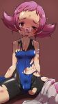 1girl abuse bad_id bandaid beaten black_eye blood brown_eyes bruise bullied creepy cuts disturbing empty_eyes female gym_leader highres hun injury leotard nintendo nosebleed pink_hair pokemon pokemon_(game) pokemon_dppt ryona saliva scrape short_hair solo sumomo_(pokemon) tears torn_clothes