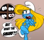 aeolus high_heels panties peeping smurfette the_smurfs topless white_hat white_panties white_shoes yellow_hair