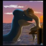 1boy beastiality cloud cum ejaculation fellatio highres lapras licking male_focus nintendo nude ocean oral outdoors penis pokemon pokephilia short_hair sitting sky sunset water