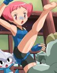 1girl armpits bandage bandages bandaid barefoot bodysuit feet female flat_chest gloves gym_leader high_kick kick kicking lowres machamp machoke maylene meditite nintendo pink_eyes pink_hair pokemoa pokemon pokemon_(game) pokemon_dppt red_eyes short_hair soara sumomo_(pokemon)