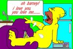  barney_and_friends barney_the_dinosaur crossover cum_in_mouth fellatio homer_simpson pbs the_simpsons yellow_skin 