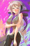  1girl bad_id blush body_paint bodypaint breasts erect_nipples false_clothes haku_yowane long_hair nipples nude painted_clothes red_eyes ribbon silver_hair solo tro vocaloid voyakiloid yowane_haku 