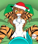  anthro arms_behind_head bed blush brown_hair butt claws countershading digitigrade felid female flora_(twokinds) fur furry hair imminent_sex keidran legs_apart mammal nude one_eye_closed orange_body orange_fur pantherine santa_hat stripes tail tiger tom_fischbach tongue tongue_out trace_legacy twokinds webcomic webcomic_character white_body white_fur yellow_eyes 