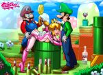 1girl 2boys ambiguous_penetration animated bent_over blonde_hair boots breasts clothed crown cumstring earrings erection exposed_breasts female_human from_behind gif gloves hair_pull luigi male/female mario no_bra no_panties open_mouth piranha_plant princess_peach pulling_hair sex stockings super_mario_bros. tekuho_(artist) threesome