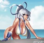  1girl arm_support bent_over bikini_top blue_eyes bottomless breasts cleavage covered_nipples dark_skin erect_nipples eu03 female hair_rings hairband hanging_breasts huge_breasts long_hair majikina_mina no_bra ponytail samurai_spirits shiny shiny_skin sideboob single_glove snk solo white_hair 