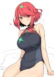 1girl bangs bare_shoulders breasts competition_swimsuit hair_ornament harukon_(halcon) heroine large_breasts looking_at_viewer one-piece_swimsuit pyra_(xenoblade) red_eyes red_hair short_hair simple_background sitting smile sweat swimsuit thighs white_background xenoblade_(series) xenoblade_chronicles_2