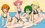 4girls bandage bare_shoulders barefoot beach bikini blonde_hair blush breasts cleavage cynthia female food gardenia green_hair gym_leader hair_over_one_eye ice_cream kuro_hopper kusakabe330 large_breasts long_hair lowres midriff momi_(pokemon) multiple_girls natane_(pokemon) oekaki orange_hair pink_hair pokemon pokemon_(game) pokemon_dppt shirona_(pokemon) short_hair side-tie_bikini smile sumomo_(pokemon) swimsuit