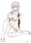 1girl bangs blue_hair blush bodysuit bracer breasts breasts_apart breasts_outside flat_color full_body gloves groin hair_between_eyes hair_ornament hand_on_own_chest hips konkitto looking_at_viewer navel neon_genesis_evangelion nipples no_bra no_panties parted_lips pilot_suit plugsuit red_eyes rei_ayanami short_hair simple_background sitting solo sweat torn_bodysuit torn_clothes turtleneck white_background