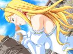  1girl alma_von_toritonia aruma_fon_toritonia blonde_hair blue_eyes blush censored choker crown cum cum_on_hair detached_sleeves dress dutch_angle elbow_gloves facial fellatio female game_cg gloves handjob long_hair mikazuki_akira mikazuki_akira! mosaic_censoring oral outdoors penis public royal_slave sky solo_focus source_request tiara tongue two-handed_handjob 