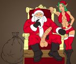 bag beard belt big_penis blue_eyes boots christmas christmas_elf elf green_eyes green_hair hat huge_penis john_persons midriff old_man penis red_thighhighs santa_claus shorts sitting stockings testicle testicles throne vest white_hair