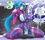  blue_hair bodysuit breasts cameltoe green_eyes grin hard_clit hard_clitoris inverted_nipples klan_klein looking_at_viewer macross_frontier muchi_puri_3 oreteki smile tight_clothes 