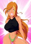 1girl big_breasts blonde_hair breasts brown_hair cameltoe dark-skinned_female dark_green_eyes erect_nipples fairy_of_nature female_only flora_(winx_club) front_view hair_streak hand_on_leg long_hair panties solo_female tanned_skin visible_nipples winx_club zfive