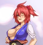 1girl blush breasts center_opening cleavage female hou_takashi_ji houtengeki komachi_onozuka large_breasts one_eye_closed onozuka_komachi open_mouth red_eyes red_hair shirt_pull short_hair solo touhou twintails wink