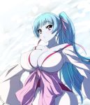 1girl aoi_(gegege_no_kitarou) bad_id blue_hair blue_skin bow breasts cleavage female gegege_no_kitarou hair_bow huge_breasts japanese_clothes kimono long_hair nekomamire ponytail purple_eyes solo touei yukata yuki_onna yuki_onna_(gegege_no_kitarou)