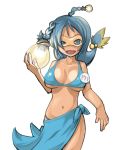 1girl bikini blue_hair breasts humanized lanturn loincloth masha moemon nintendo pokemon sarong simple_background solo swimsuit white_background