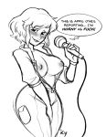 1girl april_o'neil big_breasts biting_lip blush breasts english_text female_only hand_between_legs icy_(artist) iseenudepeople jumpsuit looking_at_viewer microphone monochrome speech_bubble teenage_mutant_ninja_turtles unzipped unzipped_jumpsuit