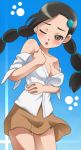  1girl awa bare_shoulders blue_background blush braid candice female gym_leader multi-tied_hair nintendo one_eye_closed paw_print pokemon pokemon_(game) pokemon_dppt skirt solo suzuna_(pokemon) twin_braids twintails undressing wink 