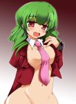  areola areolae bottomless erect_nipples fang green_hair leviathan_(umineko) long_hair navel necktie no_bra no_panties open_clothes open_shirt red_eyes seven_sisters_of_purgatory shirogane shirogane_(platinum) shirt sisters_of_purgatory umineko_no_naku_koro_ni 