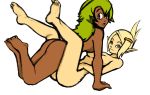 2girls amalia_sheran_sharm ass blonde_hair breasts cra dark-skinned_female evangelyne female female_only green_hair hair looking_at_viewer open_mouth pointy_ears sadida wakfu white_background yuri