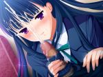  1girl blue_hair blush chikan_senyou_sharyou cum cum_on_hair facial female game_cg hairjob handjob koizumi_amane long_hair penis purple_eyes school_uniform serafuku solo_focus takatou_mizuki 