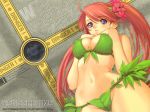  1girl 4:3_aspect_ratio ahoge big_breasts bikini blue_eyes bougainvillea_(flower) breasts cleavage clothing erect_nipples erect_nipples_under_clothes female female_only flower green_bikini green_swimsuit hair_flower hair_ornament hentai leaf leaf_bikini leaf_clothing long_hair looking_down midriff navel nipples purple_eyes red_hair solo string_bikini swimsuit tied_hair tony_taka twin_tails viewed_from_below wallpaper 