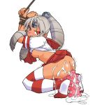  1girl arm_up ass bdsm blush bondage bound breasts censored cum cum_on_ass cum_on_dildo cum_on_floor cum_pool dark_skin dildo double_penetration extreme_insertion female grey_hair insertion kakuchou large_insertion no_panties object_insertion os os-tan rope sanada-x_(artist) schoolgirl shirt_lift shirt_pull sideboob skirt skirt_pull solo spiked_dildo stockings striped striped_legwear striped_thighhighs thighhighs trembling vista vista-tan vistake 