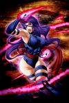 1girl abs armpits bridal_gauntlets energy_blade female fingerless_gloves gloves leotard long_hair marvel muscle one-piece ootsuki_wataru open_mouth psylocke purple_eyes purple_hair sash skin_tight skintight solo thighhighs violet_eyes x-men