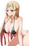  1girl absurd_res alluring big_breasts bikini black_bikini blonde_hair blush chest_jewel core_crystal_(xenoblade) embarrassed gem hands_on_own_knees headpiece high_res kanuici336 kanuitichrom leaning_forward light_frown long_hair looking_at_viewer mythra nintendo s sidelocks swept_bangs swimsuit tiara white_background xenoblade_(series) xenoblade_chronicles_2 yellow_eyes 