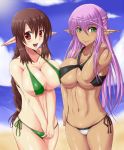 2girls beach bikini breast_press breasts brown_hair criss-cross_halter dark_skin elf female green_eyes halter_top halterneck huge_breasts long_hair multiple_girls original original_character pointy_ears poko_chin purple_hair red_eyes side-tie_bikini sling_bikini smile swimsuit