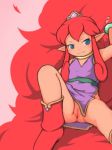 artist_request blue_eyes blush flare_(panel_de_pon) leaning long_hair lowres nintendo no_panties panel_de_pon pointy_ears pussy red_hair sitting skirt smile spread_legs upskirt very_long_hair