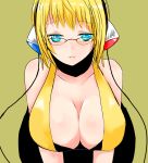  1girl bent_over bespectacled blonde_hair blue_eyes blush breasts cable chii chobits choker cleavage cosplay female glasses gym_leader halterneck han64 han_(jackpot) hanging_breasts headphones kamitsure_(pokemon) large_breasts pantyhose pokemon pokemon_(game) pokemon_black_and_white pokemon_bw short_hair simple_background solo vest 