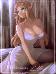 1girl 1girl 1girl alluring bare_arms bare_shoulders bed big_breasts blonde_hair blue_eyes clothed clothing color elf elf_ears elf_female female_focus female_only high_res light-skinned_female light_skin long_hair looking_at_another nintendo on_bed opalisart princess_zelda solo_female the_legend_of_zelda the_legend_of_zelda:_tears_of_the_kingdom thick_thighs