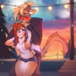 1girl anthro areola blue_eyes blush breasts canine clothed clothing corgi detailed dog duo furry hair hensa high_res male male/female mammal nipples piercing sky smile teeth thick_thighs wide_hips