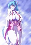  1girl aoi_(gegege_no_kitarou) blue_hair blush breasts curvy female gegege_no_kitarou huge_breasts japanese_clothes long_hair nekomamire pale_skin ponytail purple_eyes solo touei yuki_onna yuki_onna_(gegege_no_kitarou) 