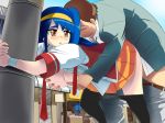 1girl aq_interactive arcana_heart atlus blue_hair breast_grab breasts brown_eyes clothed_sex examu eyebrows grabbing rape road saki_tsuzura school_uniform schoolgirl sex street tsuzura_saki vaginal