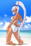 1girl ass barefoot beach blue_eyes dark_skin feet female kneeling long_hair looking_back majikina_mina one-piece_swimsuit ponytail samurai_spirits silver_hair sky snk solo swimsuit ueyama_michirou white_hair