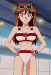 1girl 80s anime asuka_langley_souryuu bikini breasts canon canonical_scene holding_hips neon_genesis_evangelion red_hair smile sunglasses