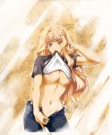  1girl adjusting_hair areolae blonde_hair blue_eyes blush breasts casual earrings female jewelry long_hair looking_at_viewer macross macross_frontier mouth_hold navel nipples no_bra no_panties open_fly sakaki_(sakakiya) sheryl_nome shirt_lift solo underboob unzipped 