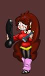  1girl bigdad blush breasts brown_eyes brown_hair dildo earrings flashlight gravity_falls grin holding holding_dildo horse_penis_dildo large_breasts large_dildo leg_warmers leggings long_hair mabel_pines nerotiger off_shoulder ponytail simple_background sweater teeth 