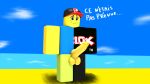  1boy beach black_cap black_eyes french_text guest male_only noob presenting_balls roblox roblox_avatar roblox_guest roblox_noob robloxian sweat yellow_balls yellow_penis yellow_skin 