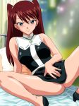 1girl agent_aika aika_r-16 aika_r-16_virgin_mission aika_r16 ass bare_shoulders bed blue_eyes bottomless dress eri_shinkai high_heels long_hair minidress naughty_face no_panties red_hair seductive shingai_eri short_dress smile solo spread_legs twintails