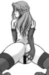 1girl ass blush censored chiba_toshirou code_geass cornelia_li_britannia elbow_gloves gloves long_hair looking_back monochrome pussy solo thighhighs