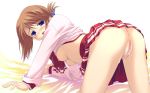 all_fours anus ass blue_eyes blush breasts brown_hair clitoris cum cum_on_pussy duplicate hair_ornament hairclip hentai highres komaki_manaka looking_back no_bra no_panties open_mouth pleated_skirt pussy pussy_juice school_uniform shirt_lift skirt skirt_lift to_heart_2 uncensored urethra