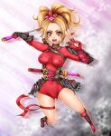 1041_(toshikazu) 1girl alluring blonde_hair brown_eyes kunoichi natsu_(soulcalibur) ninja soul_calibur soul_calibur_v weapons