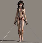 1girl 3d animated barefoot big_breasts bikini black_hair bodypaint bounce bouncing_breasts breasts cg dual_wield dual_wielding erect_nipples feet front_view full_body gif grey_background huge_breasts katana latex long_hair looking_at_viewer neo_ranga red_eyes simple_background sling_bikini solo stimuli swimsuit sword tattoo weapon