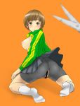 1girl ass bike_shorts breasts brown_eyes brown_hair censored chie_satonaka looking_back megami_tensei nipples persona persona_4 pussy satonaka_chie scissors shin_megami_tensei short_hair skirt socks solo torn_clothes track_jacket