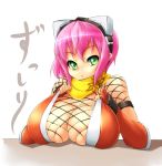  1girl anime breast_rest breasts cleavage female fishnet_top fishnets goggles gouma_reifuden_izuna green_eyes huge_breasts izuna_(legend_of_the_unemployed_ninja) kunoichi legend_of_the_unemployed_ninja light-skinned_female nekomamire ninja pink_hair scarf short_hair skindentation solo 