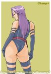  1girl ass belt champ+ elbow_gloves from_behind gloves highleg highleg_leotard huge_ass leotard long_hair looking_back marvel profile psylocke purple_hair smile solo thighhighs watermark wedgie x-men 